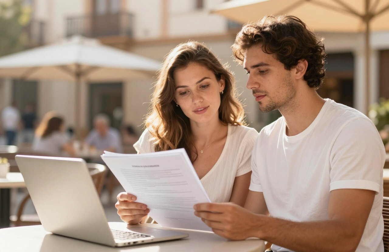 International couple reviewing visa documents in Spain